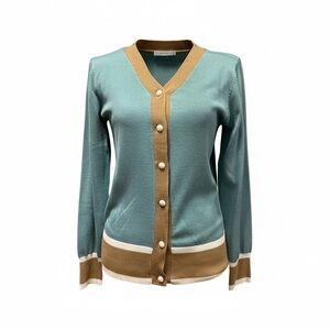 Grace Karin Teal and Tan V-Neck Button Front Cardigan